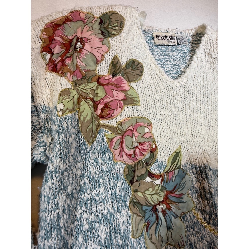 Vintage 90s Exclusive Imports Floral Sweater Medium Grandma Cottagecore - Picture 4 of 6